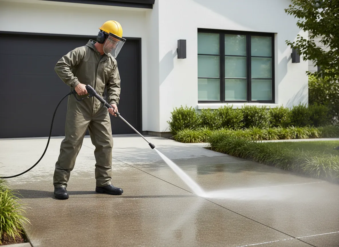 Técnico realizando limpieza a presión en la entrada de una casa moderna en Miami